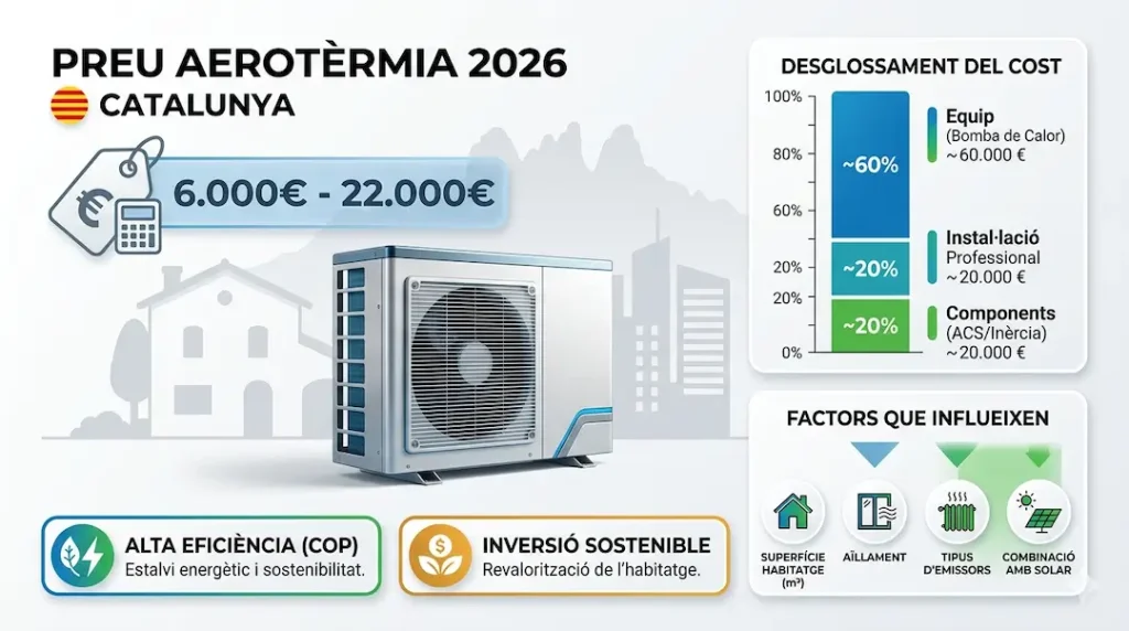 Infografia amb preus d'instal·lació d'aerotèrmia a Catalunya el 2026 segons tipologia d'habitatge i subvencions disponibles