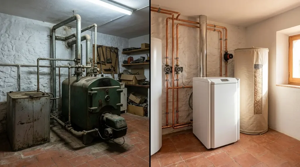 Caldera de pèl·lets instal·lada en una sala de calderes amb sitja tèxtil, en substitució d'una caldera de gasoil